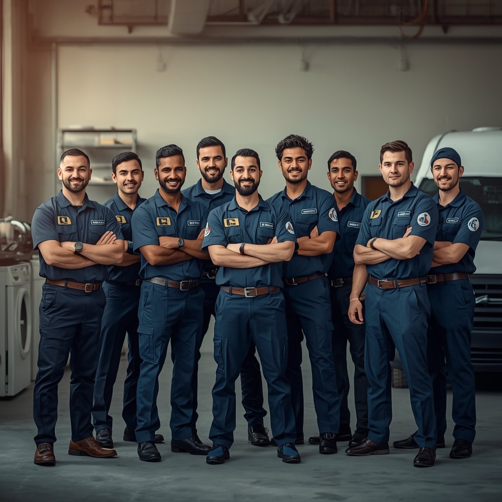 lucid-origin_Team_of_professional_appliance_repair_technicians_standing_together_in_a_modern_-0